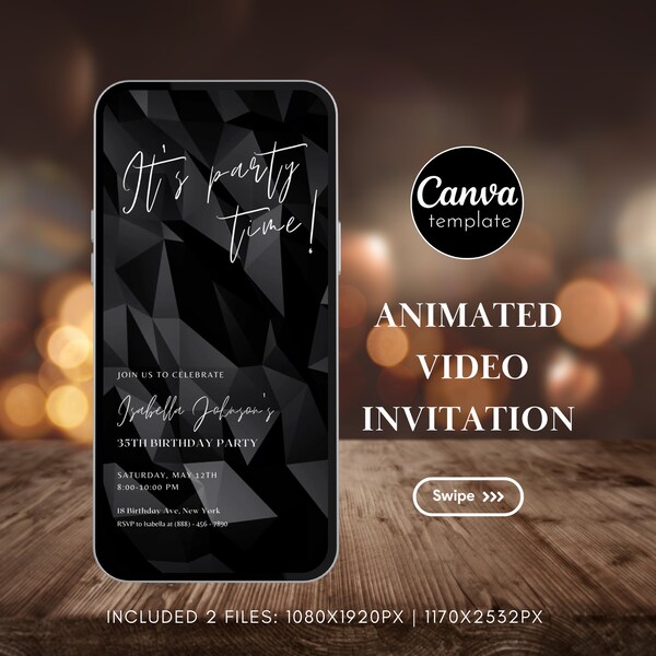 Editable Black and White Birthday Invitation Template Digital Minimalist Invite Animated Invitation Video Birthday Party Evite 66