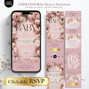 Plantilla de invitación para baby shower "Baby in Bloom", invitación animada para baby shower con RSVP rastreable, invitación editable en Canva para baby shower.