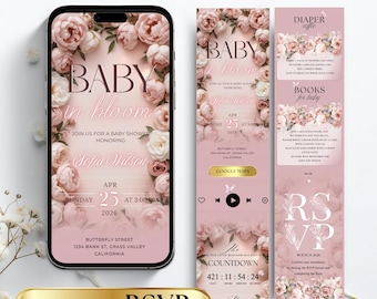 Modello di invito per baby shower "Baby in Bloom", invito animato per baby shower con RSVP tracciabile, invito modificabile per baby shower Canva