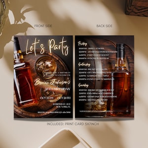 Puede incluir: Una tarjeta de invitaci&oacute;n imprimible de 12,7 x 17,8 cm para una fiesta de cumplea&ntilde;os n&uacute;mero 35. El frente de la tarjeta presenta un barril de madera con dos botellas de whisky y hielo. El texto "Let's Party" est&aacute; escrito en letras doradas. El reverso de la tarjeta tiene un cronograma de eventos para el fin de semana, que incluye una fiesta en un restaurante, una fiesta de baile en un club nocturno y un mini recorrido de compras por la ciudad. El texto "Braian Johnson's 35th Birthday" est&aacute; escrito en letras doradas.