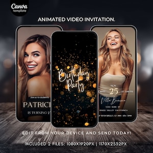 Editable Birthday Invitation Template Black and Gold Birthday invite for girls Birthday party Invitation with photo Animated Video Invite406