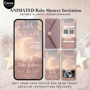 May include: A baby shower invitation set with a celestial theme. The design includes a smartphone displaying the invitation text "Twinkle Twinkle Little Star", an envelope, and cards with QR codes and ultrasound images. The color palette is soft pink and gold.