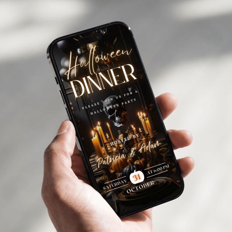 May include: A digital invitation for a Halloween dinner party. The invitation features a dark background with a skull, candles, and a table setting. The text reads "Halloween Dinner", "Please join us for a Halloween party", "Hosted by Patricia & Adam", "Saturday 31 October", and "At 6:00 PM".