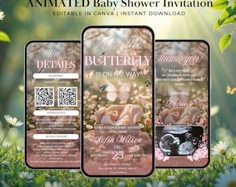 Animated Butterfly Baby Shower Invitation, Little Butterfly Evite, Floral Pink Baby Shower Template, Editable Canva Digital Invite
