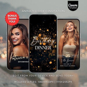 Animated Birthday dinner video invitation digital birthday party invitation text invitation dinner party invite download canva template 600