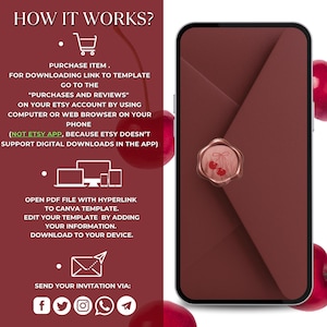 Puede incluir: Un smartphone muestra un sobre burdeos con un sello de cera de cereza. La imagen incluye instrucciones: Comprar art&iacute;culo, descargar plantilla, editar y enviar invitaci&oacute;n. Los iconos de redes sociales est&aacute;n en la parte inferior. El texto dice "&iquest;C&Oacute;MO FUNCIONA?"
