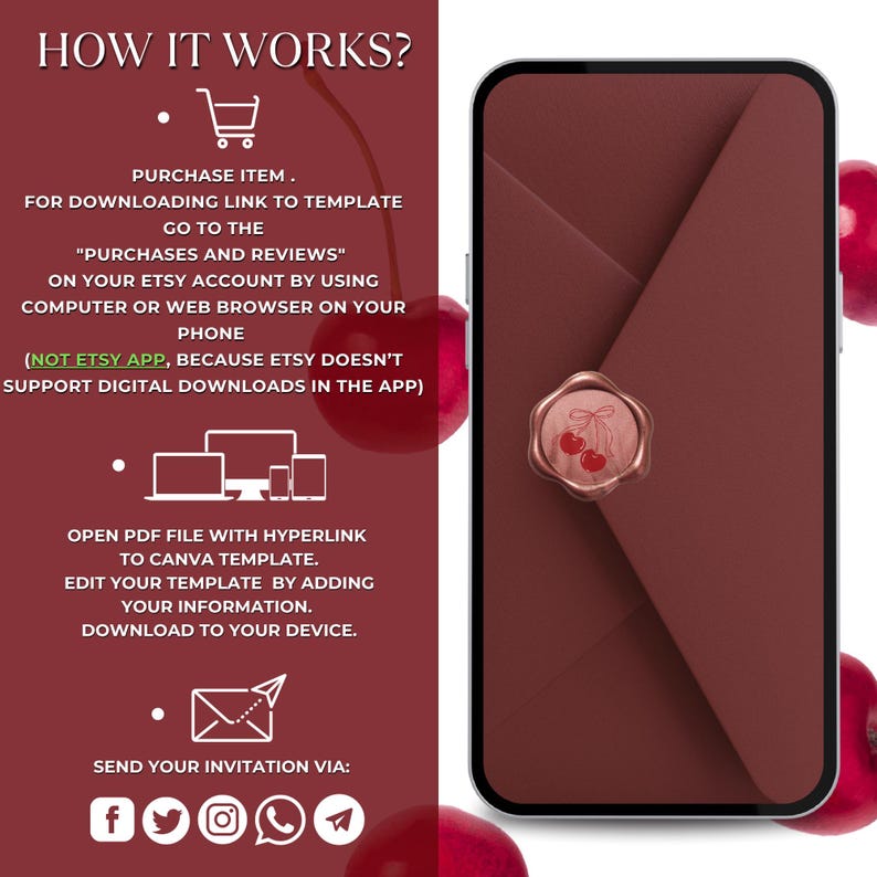 Puede incluir: Un smartphone muestra un sobre burdeos con un sello de cera de cereza. La imagen incluye instrucciones: Comprar art&iacute;culo, descargar plantilla, editar y enviar invitaci&oacute;n. Los iconos de redes sociales est&aacute;n en la parte inferior. El texto dice "&iquest;C&Oacute;MO FUNCIONA?"