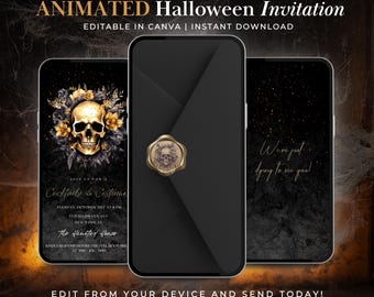 May include: Animated Halloween invitation design on three smartphones. The design features a gold skull with floral accents, a wax seal with a skull, and the text "Cocktails & Costume". The invitation is editable in Canva and available for instant download.
