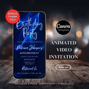 Editable Birthday Party Invitation Template Digital Blue Birthday Invite Animated Video Invitation Electronic Evite Instant Download 74