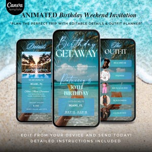 Birthday Getaway Girls Trip Invitation, Editable Tropical Travel Itinerary Template, 30th Beach Birthday Weekend, Canva Digital Invite