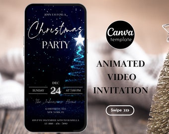 May include: A blue and black animated video invitation for a Christmas party. The invitation features a sparkling blue Christmas tree with a star on top. The text on the invitation reads "Join us for a Christmas Party" and includes the date, time, and location of the party. The invitation also includes the text "Canva template" and "Animated Video Invitation".
