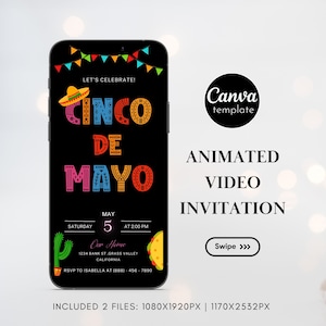 Editable Fiesta Birthday Party Invitation Template Mexican Theme Invitation, Cinco De Mayo, Canva Template Fiesta Animated Invitation 623