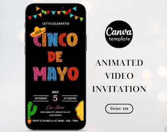 Bewerkbare sjabloon Fiesta verjaardagsfeestje uitnodiging Mexicaanse thema uitnodiging, Cinco De Mayo, canvas sjabloon Fiesta geanimeerde uitnodiging 623