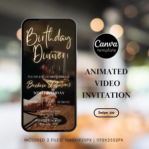 Editable Birthday Party Invitation Template Digital Black and Gold Birthday Dinner invite Instant Download Animated Video Invite Phone Evite