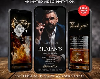 Whiskey-Themed Birthday Invitation for Man Birthday Animated Surprise Party Digital Invitation Whiskey Editable Video Template with photo620