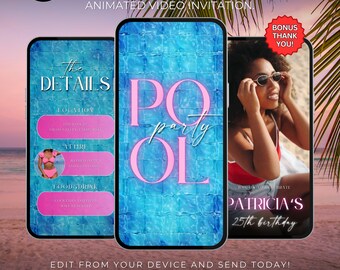 Pool party birthday invitation, Pool party animated digital invite, Bbq event Template,Digital Swimming Party Itinerary,Summer event Planner