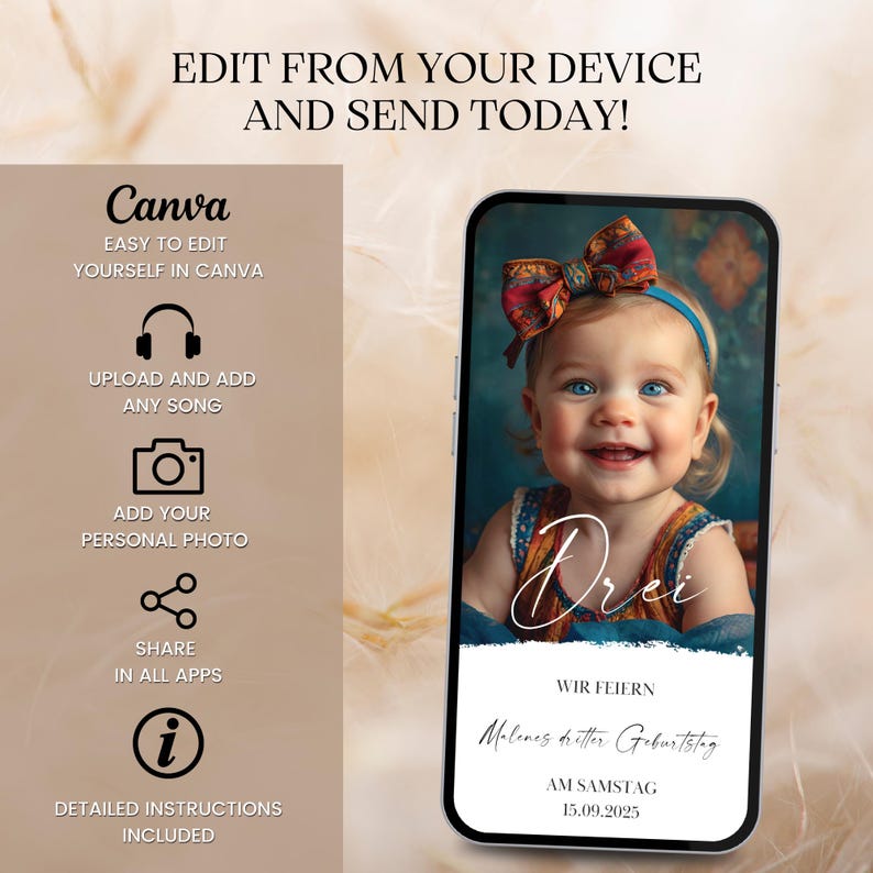 May include: A digital invitation for a child's third birthday party. The invitation features a photo of a young girl with a red bow in her hair, a white background with the text "Wir feiern Malenes dritter Geburtstag am Samstag 15.09.2025" and the word "Drei" written in cursive.