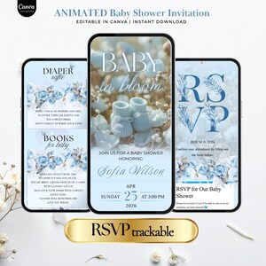 Peut inclure: Modèle d'invitation animée pour une baby shower sur trois smartphones. Le téléphone central affiche "Baby in Bloom" avec des chaussons de bébé. Les autres téléphones montrent "Diaper Raffle", "Books for baby" et les détails RSVP. Inclut le texte "RSVP trackable".