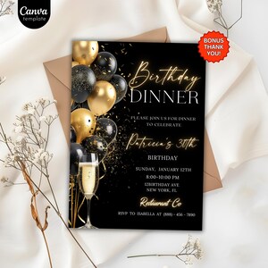 Digital Birthday Dinner Invitation, Black Tie Glam Invite, Black Golden Diamond Evite For Men & Women, Self Editable Template 722