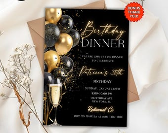 Digital Birthday Dinner Invitation, Black Tie Glam Invite, Black Golden Diamond Evite For Men & Women, Self Editable Template 722
