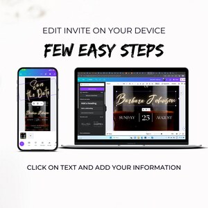 Puede incluir: Una captura de pantalla de un tel&eacute;fono y una computadora port&aacute;til que muestra una plantilla de invitaci&oacute;n digital para una boda. La plantilla presenta un fondo negro con una botella de whisky y el texto "Save the Date" en letras doradas. El texto "Barbara Johnson" tambi&eacute;n est&aacute; incluido en letras doradas. La fecha se muestra como "Domingo, 25 de agosto".