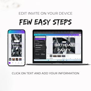 May include: A screenshot of a computer screen showing a website with a black and gray geometric background. The text "Birthday Party" is displayed in a white box on the background. The website is being used to create a birthday party invitation.