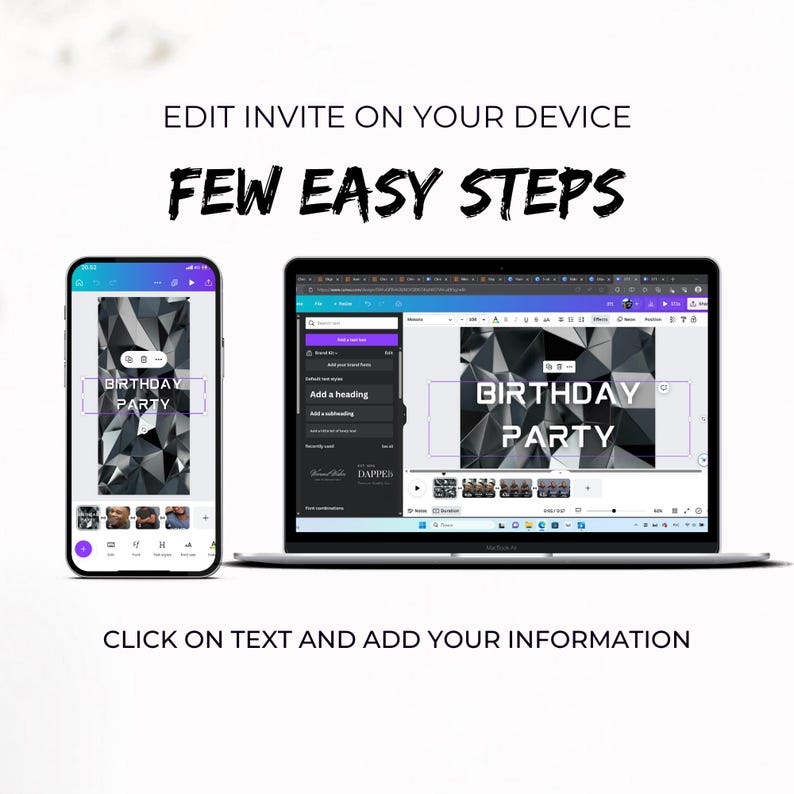May include: A screenshot of a computer screen showing a website with a black and gray geometric background. The text "Birthday Party" is displayed in a white box on the background. The website is being used to create a birthday party invitation.
