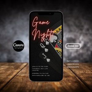 Elektroniczny czerwony neonowy wieczór gier zaproszenie edytowalny szablon rodzinny wieczór gier impreza dla dorosłych kasyno zaproszenie poker urodziny zaproszenie 216
