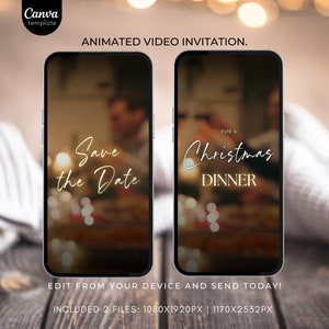 Puede incluir: Dos invitaciones de video animadas para una cena de Navidad. El primer video dice "Save the Date" y el segundo video dice "Para una cena de Navidad".