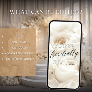 May include: A white rose with a white background and the text "YOU'RE CORDIALLY INVITED" in black. The image is a template for a wedding invitation that can be customized with text, font style, font color, and a photo.