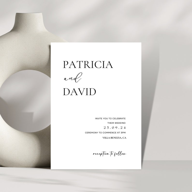 May include: A simple wedding invitation with black text on a white background. The invitation reads "Patricia and David" followed by the wedding date "25.09.24", ceremony time and location, and "reception to follow".