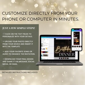 May include: A laptop and a smartphone displaying a digital invitation template editing interface. Text reads: CUSTOMIZE DIRECTLY FROM YOUR PHONE OR COMPUTER IN MINUTES. JUST A FEW SIMPLE STEPS! CLICK ON THE TEXT FIELDS TO PERSONALIZE WITH YOUR DETAILS.