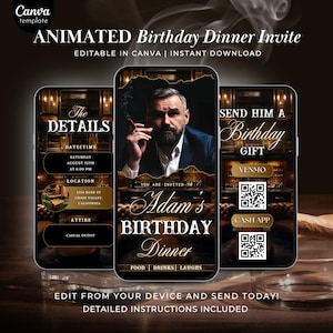Birthday Dinner Invitation for Him, Editable Animated Whiskey Canva Video Template, Gentlemen Party Digital Invite, Instant Download