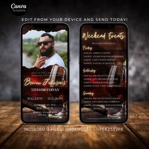 Digital Men&#39;s Birthday Weekend Invitation Electronic Weekend Itinerary Schedule Whiskey Phone Evite Editable Template Instant Download 233