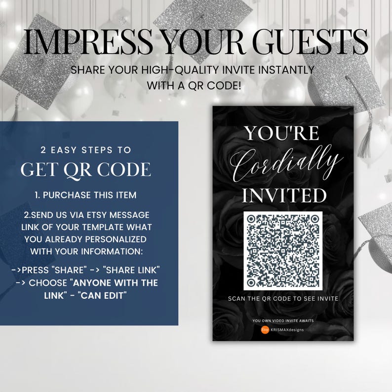Puede incluir: Un dise&ntilde;o de invitaci&oacute;n con el texto "Impresiona a tus invitados" y "Est&aacute;s cordialmente invitado". La invitaci&oacute;n incluye un c&oacute;digo QR para acceso instant&aacute;neo e instrucciones.
