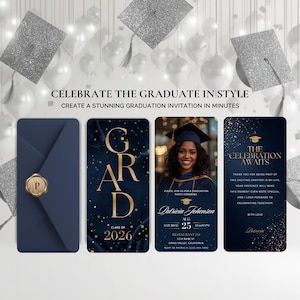 Puede incluir: Conjunto de invitaciones de graduaci&oacute;n azul marino con detalles dorados. Incluye un sobre con un sello dorado, una tarjeta con el texto "GRAD 2026", una tarjeta con foto y una tarjeta con el texto "The Celebration Awaits". Tambi&eacute;n se ve el texto "Celebra al graduado con estilo".