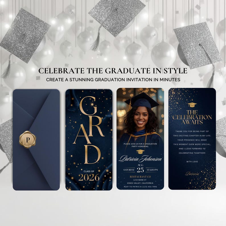 Puede incluir: Conjunto de invitaciones de graduaci&oacute;n azul marino con detalles dorados. Incluye un sobre con un sello dorado, una tarjeta con el texto "GRAD 2026", una tarjeta con foto y una tarjeta con el texto "The Celebration Awaits". Tambi&eacute;n se ve el texto "Celebra al graduado con estilo".