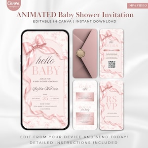 Può includere: Modello di invito animato per baby shower rosa con un mockup di telefono, busta e schede di dettaglio. L'invito recita "hello BABY" e include i dettagli dell'evento. Il design presenta nastri e accenti floreali.