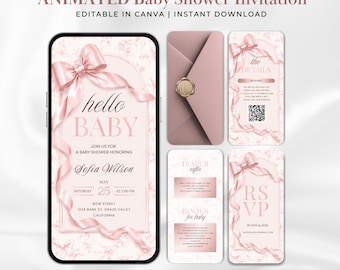 Invitación en video para baby shower con lazo rosa, invitación en video "Hola bebé" en Canva, invitación para baby shower "Coquette", invitación digital para niña.