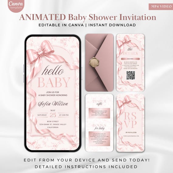 Pink Bow Baby Shower Video Invitation, Hello Baby Canva Video Invite, Coquette Baby Shower Invitation, Baby Girl Digital Invite