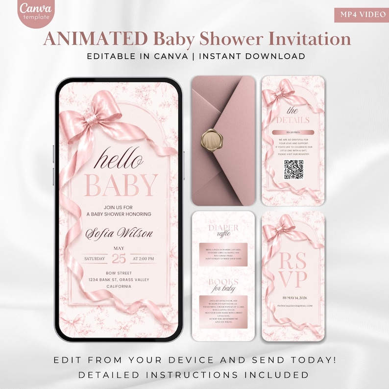 Pu&ograve; includere: Modello di invito animato per baby shower rosa con un mockup di telefono, busta e schede di dettaglio. L'invito recita "hello BABY" e include i dettagli dell'evento. Il design presenta nastri e accenti floreali.