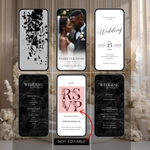 May include: A set of six black and white wedding invitation cards with a black and white floral design. The cards include a save the date, RSVP, wedding timeline, and wedding details. The cards are displayed on a white background with a white floral arrangement.