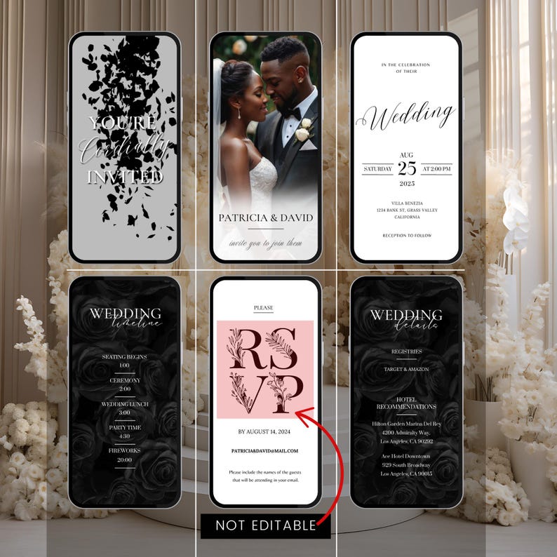 May include: A set of six black and white wedding invitation cards with a black and white floral design. The cards include a save the date, RSVP, wedding timeline, and wedding details. The cards are displayed on a white background with a white floral arrangement.