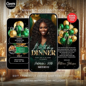 Faire-part de fête d'anniversaire or vert, faire-part animé de dîner d'anniversaire, invitation numérique élégante de fête d'anniversaire avec photo, itinéraire de texte