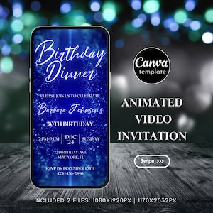 Modello di invito di compleanno blu modificabile Invito alla cena di compleanno Download digitale Invito video animato Invito festa di compleanno Evite 2