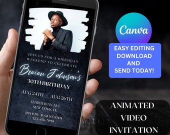 Editable Men's Birthday Weekend Itinerary Invitation Template Brunch Party Men Mobile Invite for Men's Birthday Party Video Invite  186