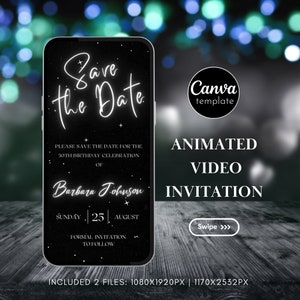 Digital Black Silver Neon Save the Date Animated Video Invitation for Woman Minimalist Save The Date Instant Download Editable Template 108