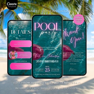 Pool party birthday invitation, Pool party animated digital invite, swimming party birthday itinerary template, bbq invitation,event planner