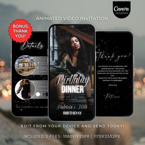 Animated Birthday dinner video invitation, digital birthday invitation, text invitation dinner party, birthday itinerary evite template 592