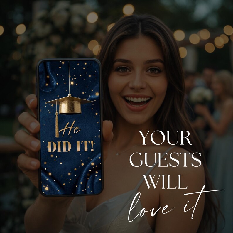 He Did It Graduation Invitation Template 2026, Animated Graduation Evite, Editable Canva Grad Party Invite, Navy Blue Gold Grad Invite bild 3